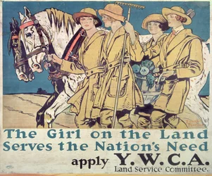 La chica en la tierra sirve a la necesidad de la nación, cartel de la YWCA de la Primera Guerra Mundial